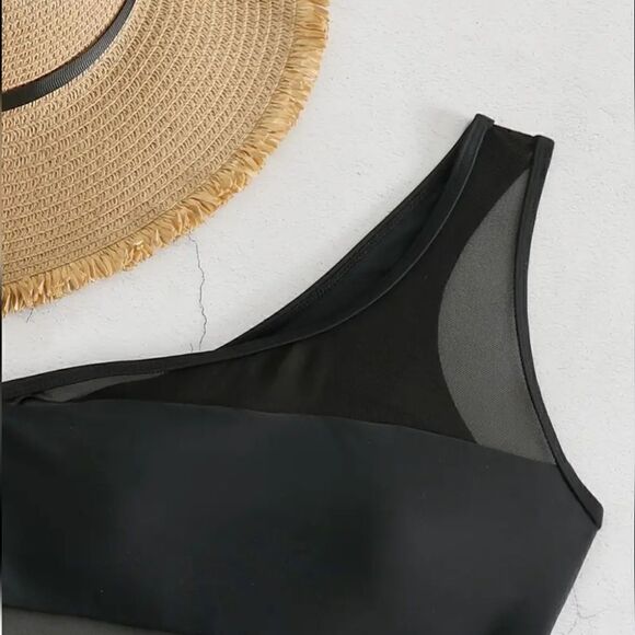 Elegant Black One Shoulder Swimsuit with Contrast Mesh High Elasticity - Picture 9 of 16